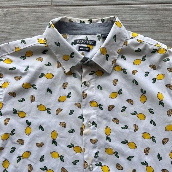 Savage by Perry Ellis Lemon‎ short sleeve button down Stretch shirt size Large - Picture 3 of 6